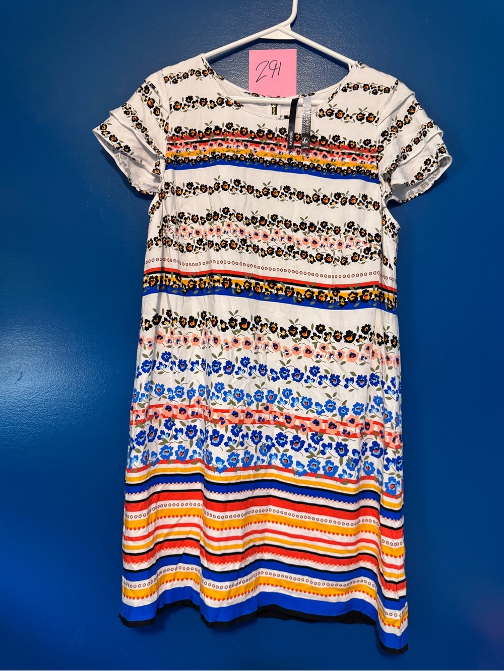 Kensie White Multi Stripe Floral Midi Dress with Blue and Yellow Accents